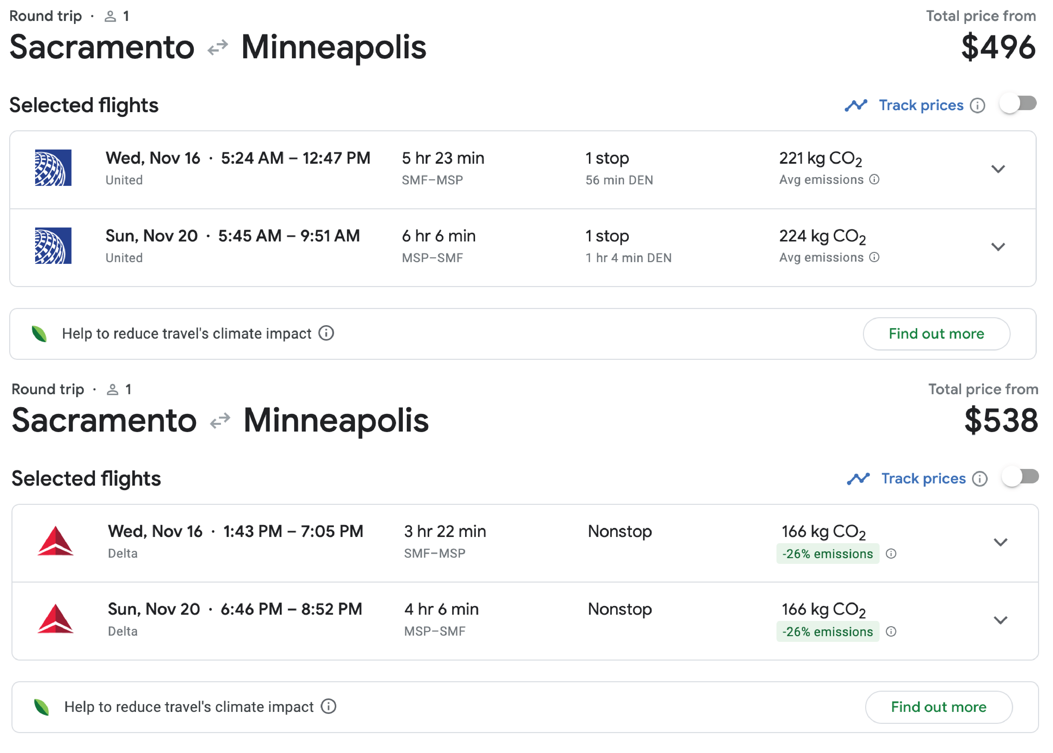 Search results for a direct flight and layover flight from Sacramento to Minneapolis.