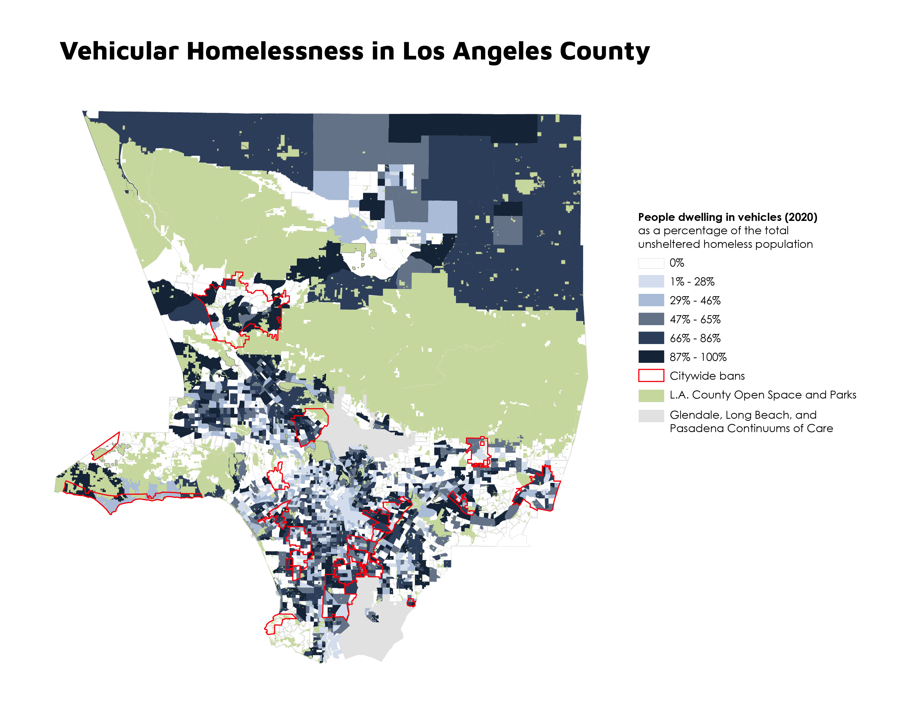 Vehicular homelessness by census tract as a percentage of the total unsheltered population in Los Angeles County