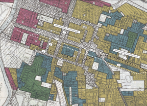 Redlining map of central Sacramento overlaid with freeway alternatives west of the interchange (A, B, C and J) and alternatives east of the interchange (A and B)