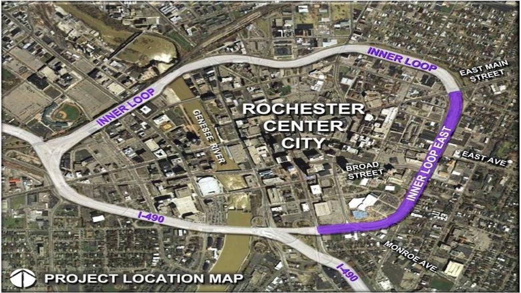 Rochester Inner Loop projection location map - beige and purple outlines of project boundaries overlayed on top of aerial imagery of site area