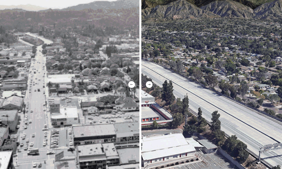 Animated gif sliding back and forth between historic and present day photo of the site of the Foothill Freeway/Interstate 210 in Pasadena before construction and after (present day)
